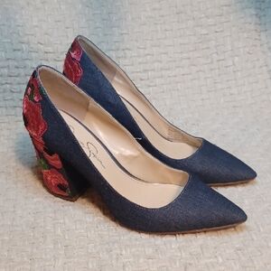 Jessica Simpson Blue Denim Heels with Red Floral Embroidery